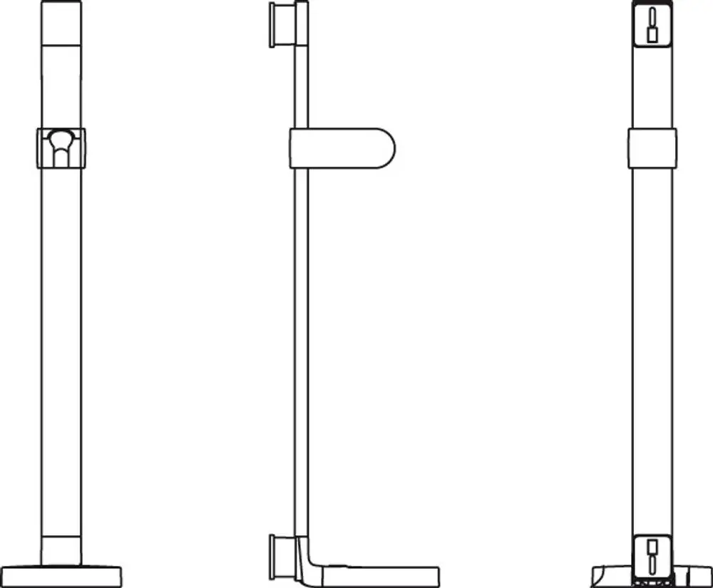 Brausestange von Ideal Standard, dargestellt in drei Ansichten: frontal, seitlich und von unten. Schlichtes Design, geeignet für die Montage in Badezimmern.